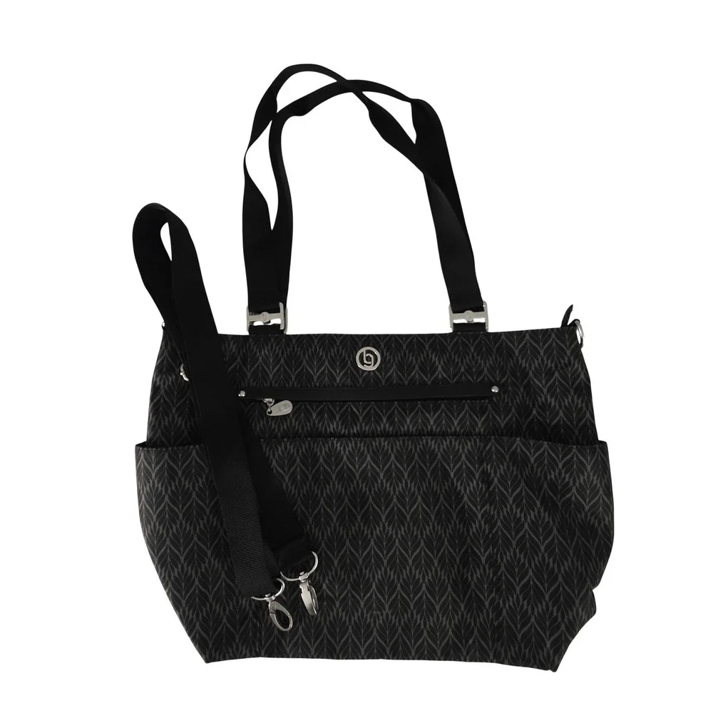 B by Baggallini Black Grey Leaf Print Tote Crossbody Bag Multi Pocket Travel